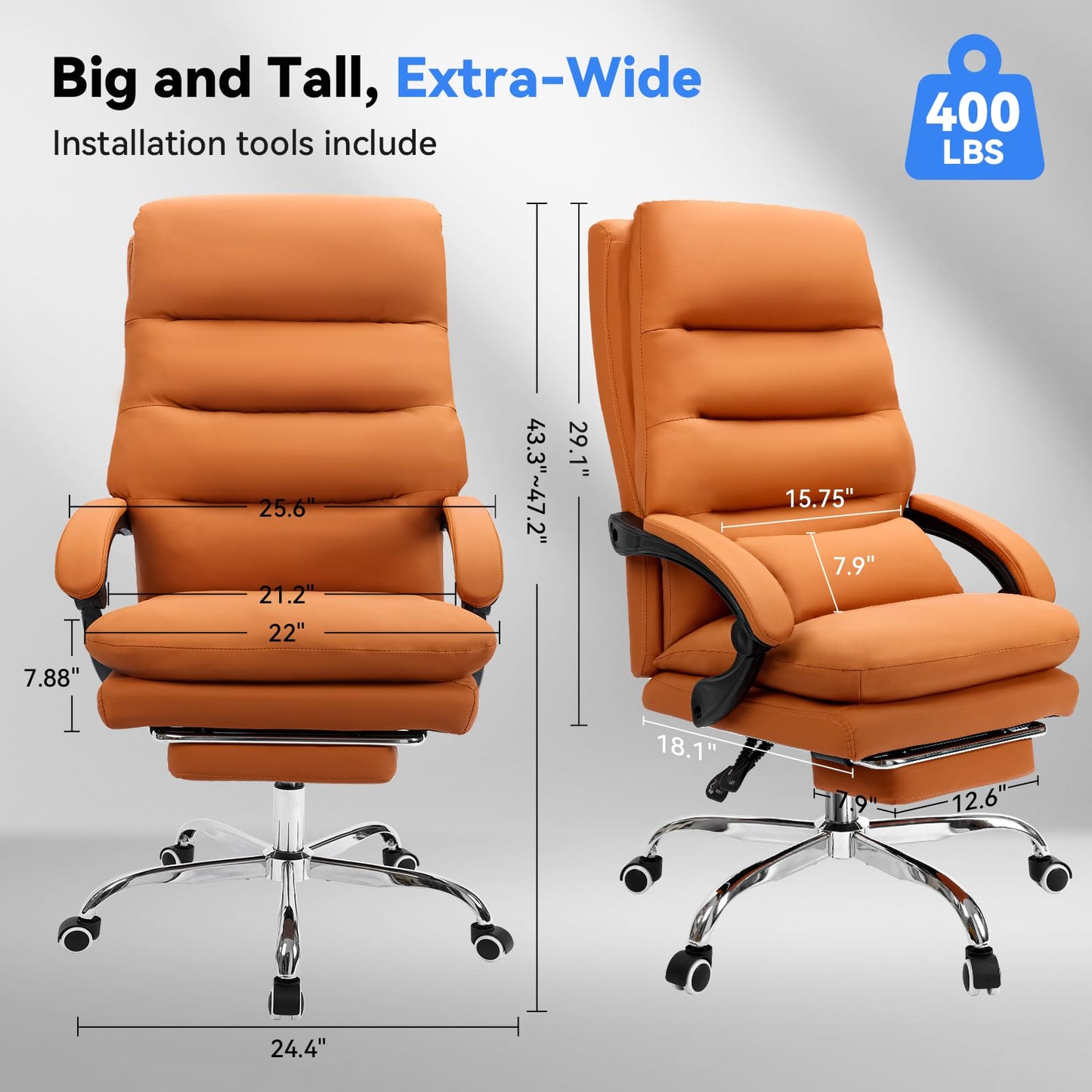 Holiwei Office Chair with Footrest, Big and Tall 400lbs Executive Desk Chair with Thickened Lumbar Support Pillow, High Back PU Leather Reclining Computer Chair, Ergonomic Swivel Task Chair, Brown