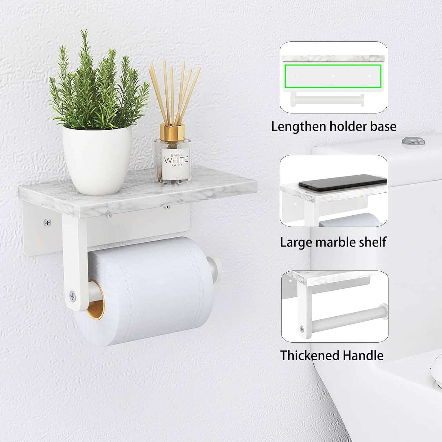 Toilet Paper Holder with Natural Marble Shelf, 304 Stainless Steel Screw Wall Mounted, Tissue Roll Paper Holder Dispenser for Bathroom Washroom White