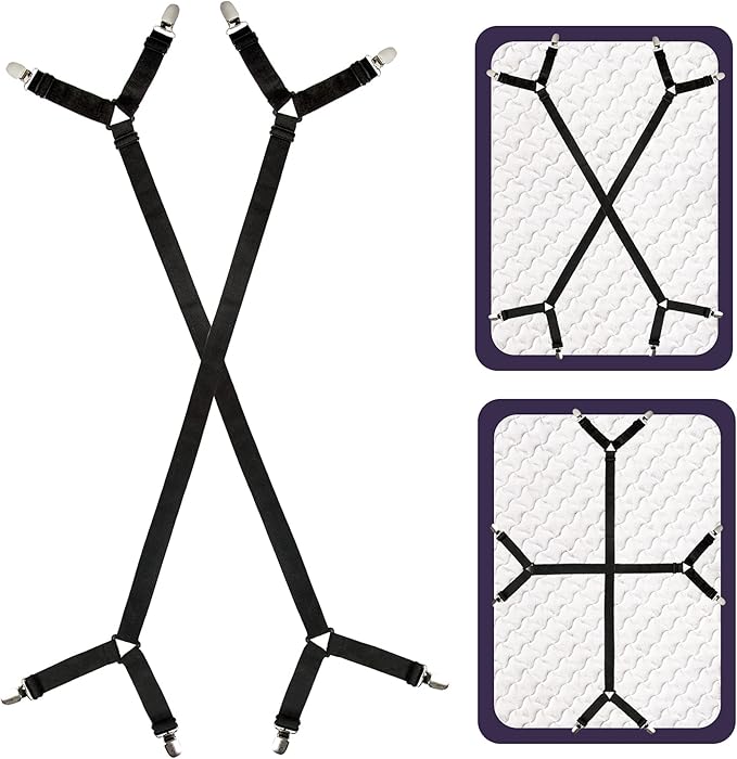 Attmu Bed Sheet Straps, 2 Pack Fitted Bed Sheet Fasteners Clips Adjustable Crisscross Bed Sheet Holder Straps for Corners Mattress Sheet Suspenders Grippers Bedding Accessories, Black