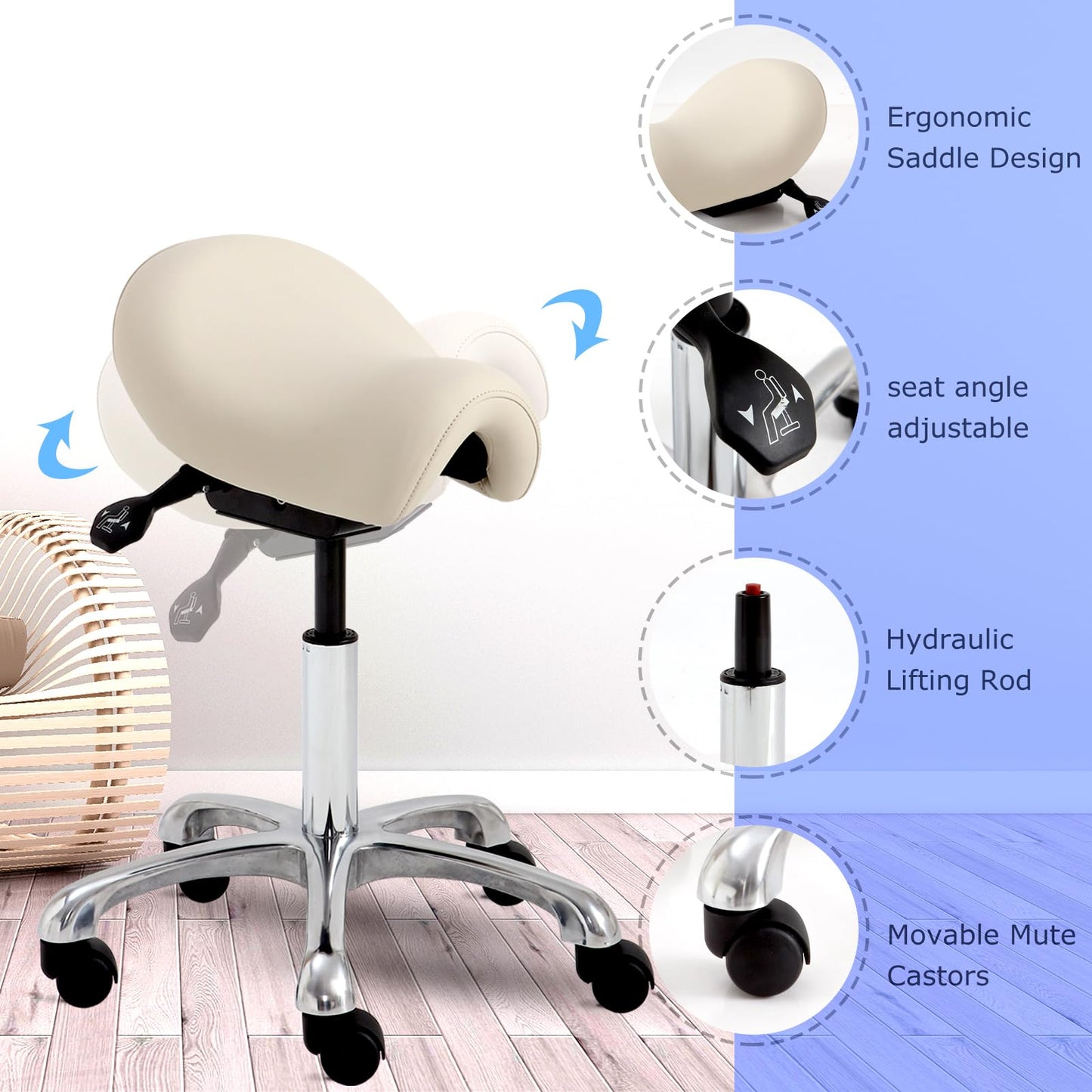 Eognyzie Ergonomic Saddle Stool - Adjustable Height & Tilt Saddle Stool Chair for Salon, Spa, Lash Tech, Tattoo Artist & Drafting, Beige