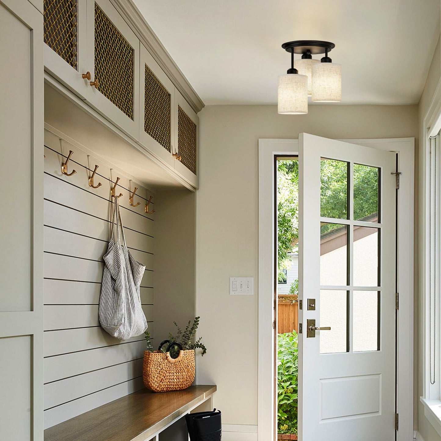 Scyvenra Semi Flush Mount Ceiling Light, 3-Light Close to Ceiling Light Fixtures, Matte Black Kitchen Light Fixtures with Linen Fabric Shade, Hallway Light Fixtures Ceiling Mount for Foyer Entryway
