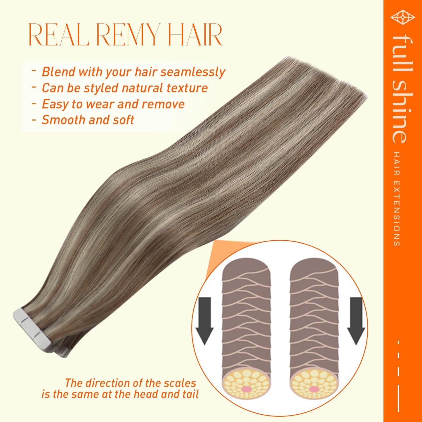 Full Shine Soft Remy Tape in Human Hair Extensions 20Inch Color 8 Ash Brown Highlighted 60 Platinum Blonde Real Hair Extensions