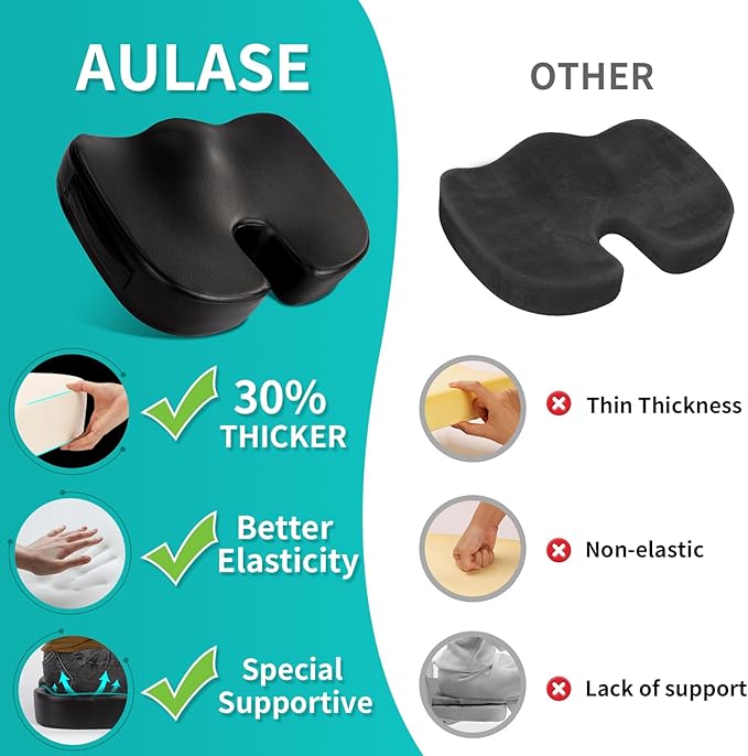 Aulase Luxury Seat Cushion, 4 Inch Extra Thick Memory Foam for Pressure Relief, Sciatica, Tailbone Pain & Back Pain Relief, Multi-Use for Bleachers, Car, Gaming, Office Chair (Black)