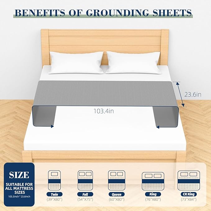Grounding Sheets, for All Mattress Size, 90% Organic Cotton+10% Pure Silver Fiber, Earth Connected, Healthy Sleep, with Static grounding Cord and Test Pen (Gray, 105 * 23.2 inch)