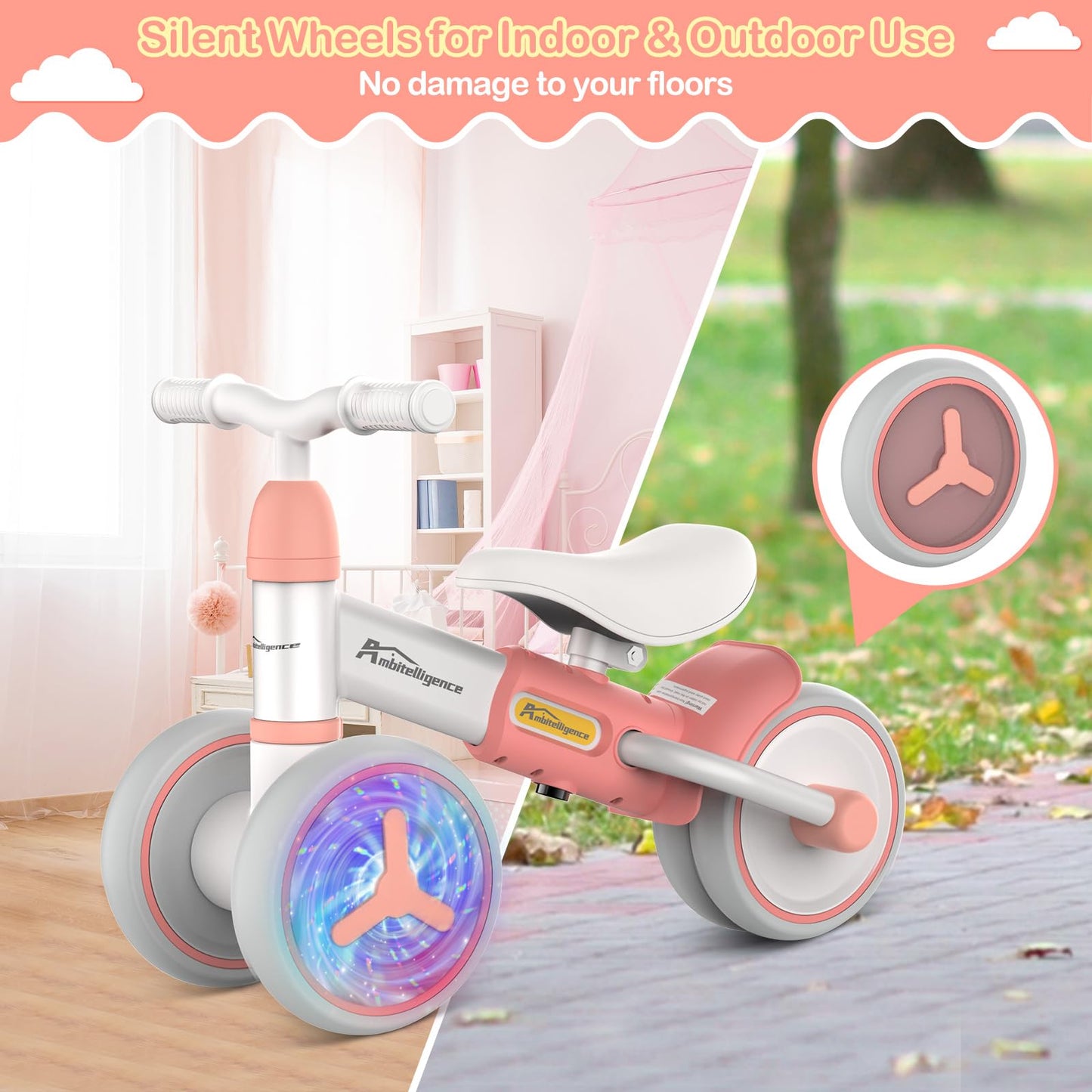 Ambitelligence Colorful Lighting Baby Balance Bike for 1 Year Old Girl Boy Gifts 12-36 Months Toddler Balance Bike with Adjustable Soft Seat and 4 Wheels First Birthday Gifts for Baby Scooter (Pink)