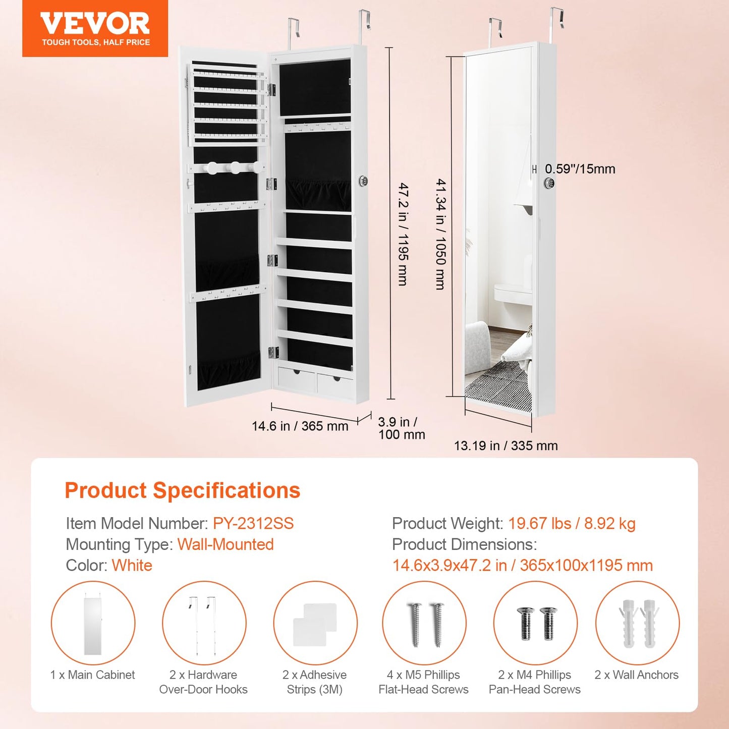 VEVOR Mirror Jewelry Cabinet, 47.2-Inch Tall Lockable Jewelry Armoire with Full-Length Mirror, Wall/Door Mounted Organizer with LED Lights and Velvet Lining, White