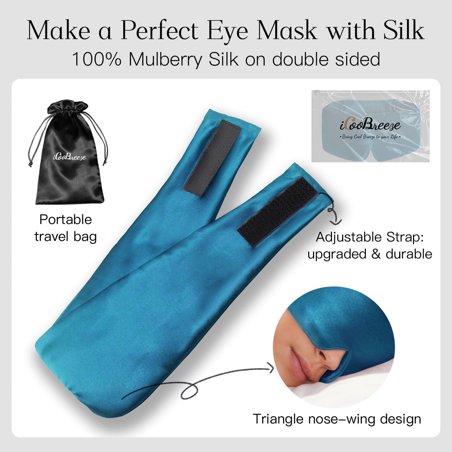iCooBreeze 100% Natural Silk Eye Mask for Women Men, Soft Pressureless Cooling Blackout Eye Covers for Sleeping, Large Size Sleep Mask fits All Heads Adjustable, 1PC, Vivid Blue