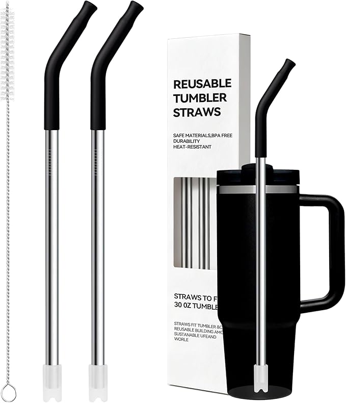 Metal Straw Reusable for Stanley 30 OZ Tumbler,11″ Long Stainless Steel Drinking Straws with Black Silicone Tip for STANLEY Quencher 30 oz Cups, 1 Straw Brush, 100% BPA Free Dishwasher Safe(Black)