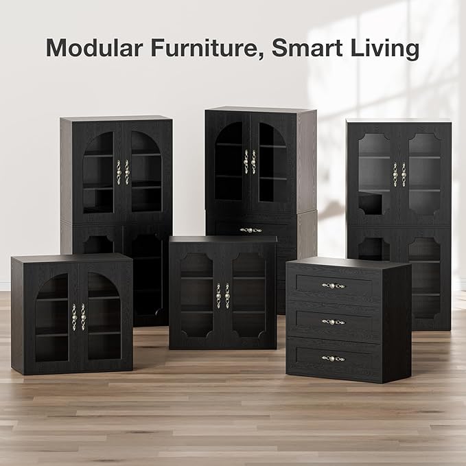 3-Layers Salon Station Free Standing Cabinet, Hair Styling Stations Salon Furniture w/Glass Doors, Bronzed Metal Handles, Wood Grains Surface, Barber Table Hair Salon Furniture（Black）