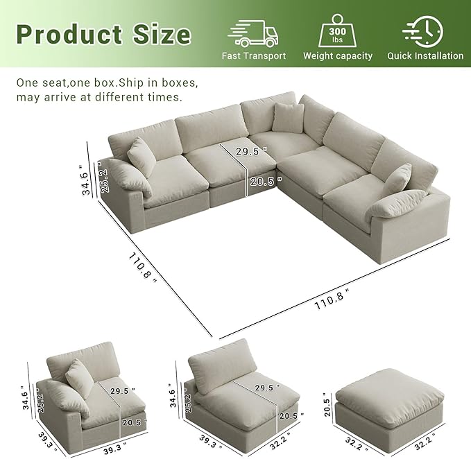 Intuition Decor Cloud Modular Sectional Sofa,211.6" Down Filled Sofa 5 Seat with Chaise,Minimalist Sofa Cover Washable and Replaceable Couches for Living Room,Sectional Sofa Deep Seat 1