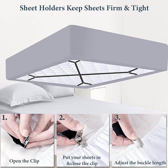 Bed Sheet Straps, Adjustable Durable Bed Sheet Holder Straps with Metal Clips, Elastic Sheet Holders Keep Sheets Firm & Tight 2PCS Black
