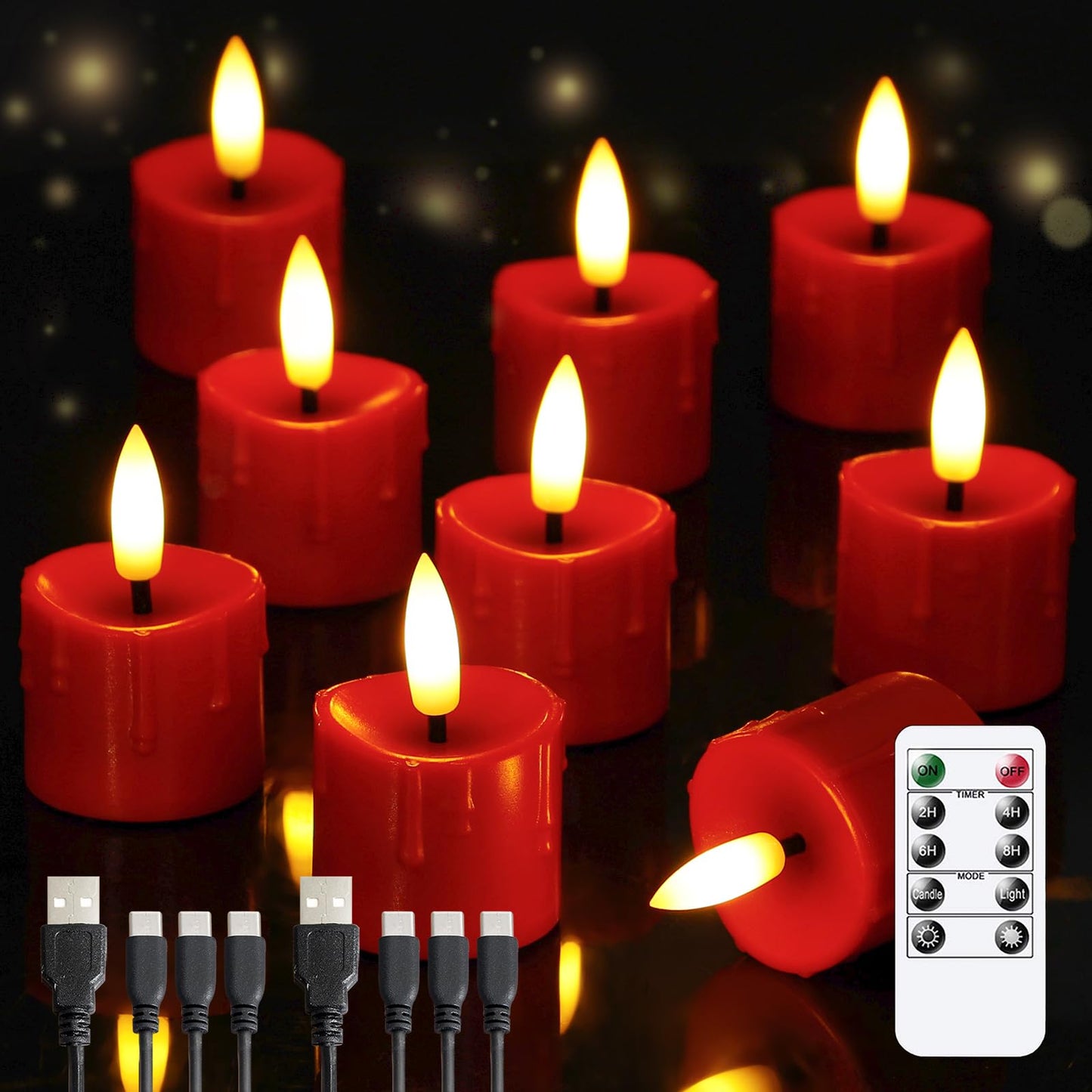 Yeelida Rechargeable Flameless 1.6" x2.5" Tea Light Candles with Remote & Type-C Charging Cable, Timer LED Flickering Burgundy Plastic 9pcs Mini Dripping Wax Votive Tealight Candles