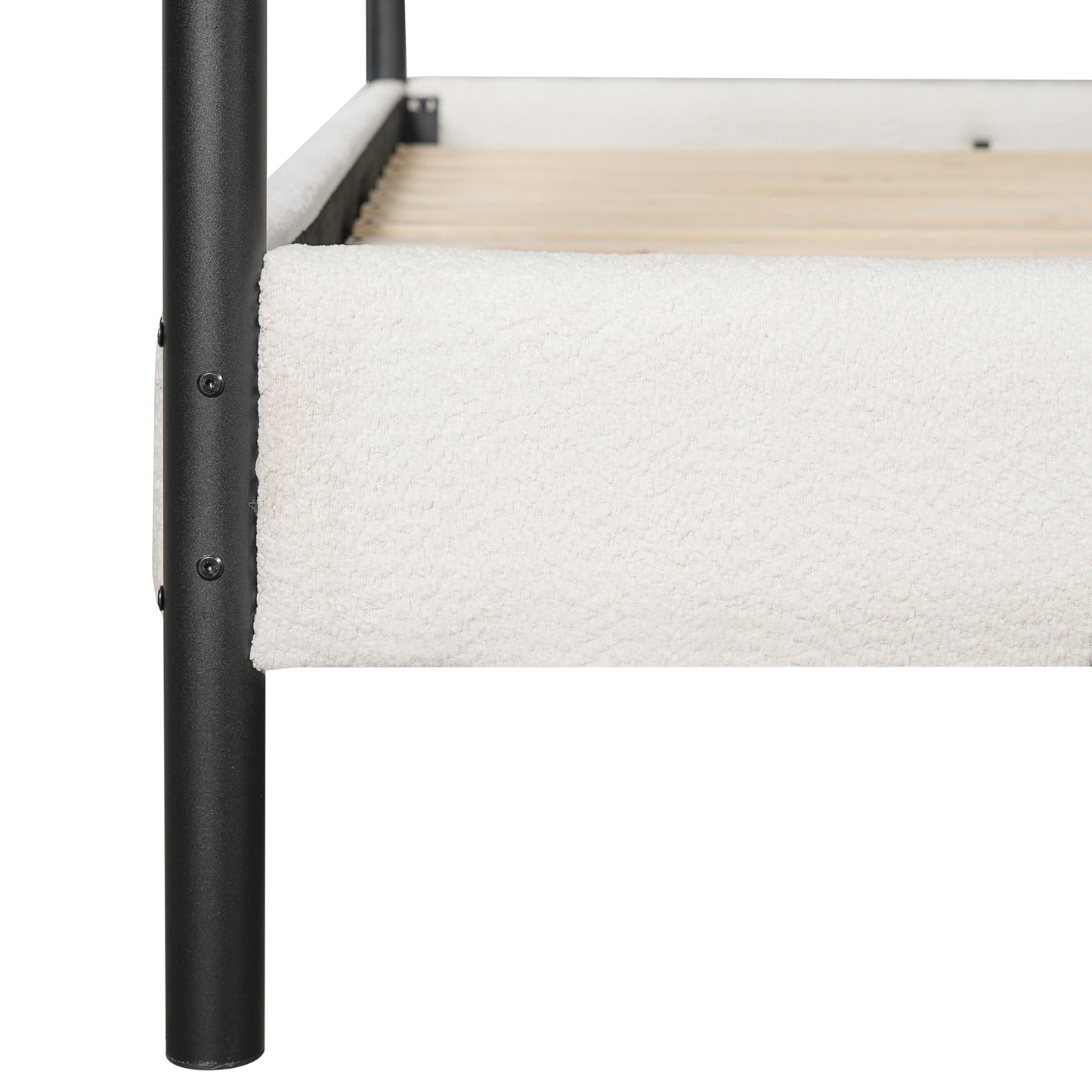 Christopher Knight Home King Size Upholstered Canopy Bed Frame with Boucle Fabric, Curved Headboard and Iron Legs, Modern Platform Bed Frame with Slats No Box Spring Needed, White