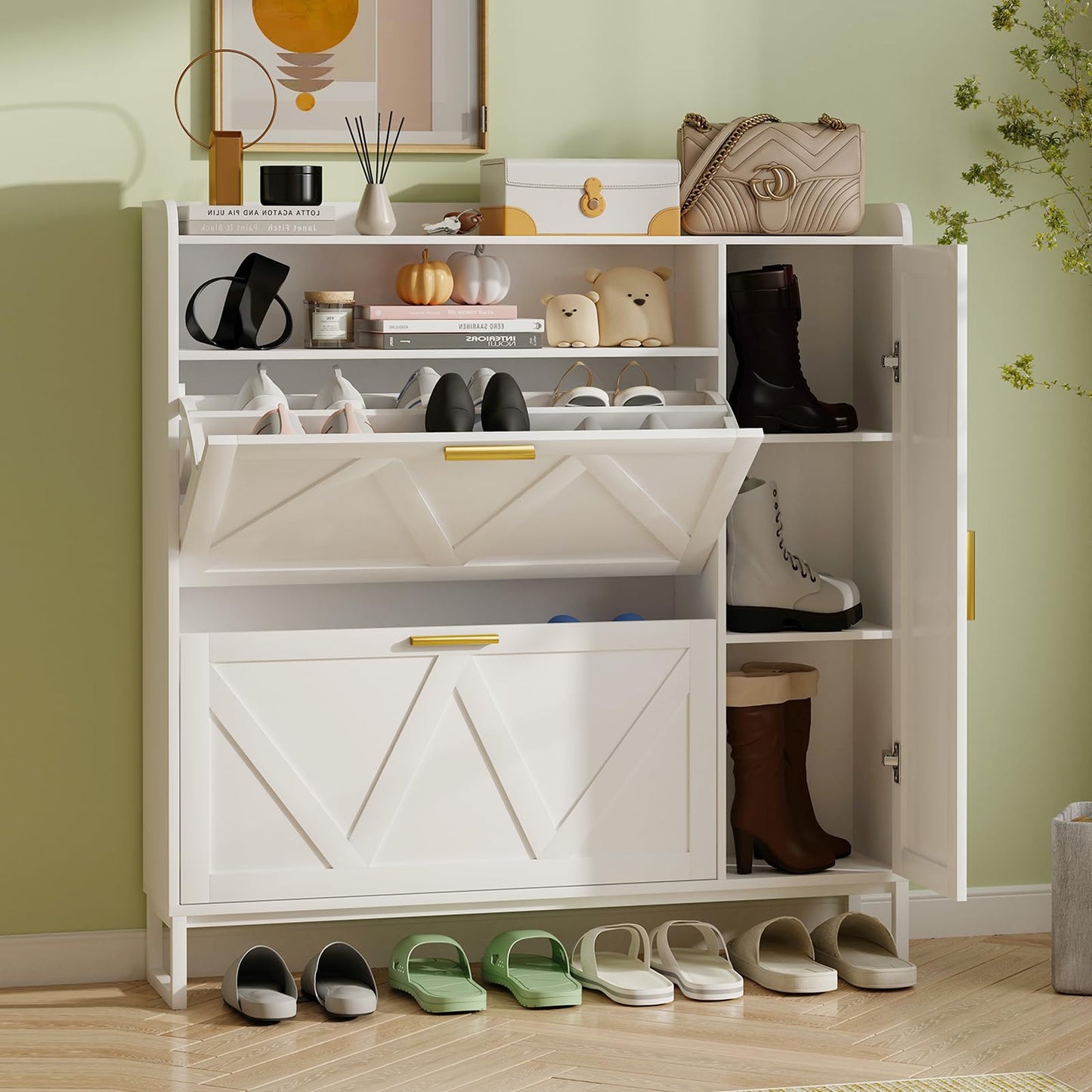 GlouMod White Shoe Cabinet with 2 Flip Drawers Door, 43"W Hidden Shoe Organizer Cabinet Storage for Entryway, Closet, Boot, Adjustable Shelves, Narrow Shoe Rack Freestanding Cupboard, At Least 20 Pair