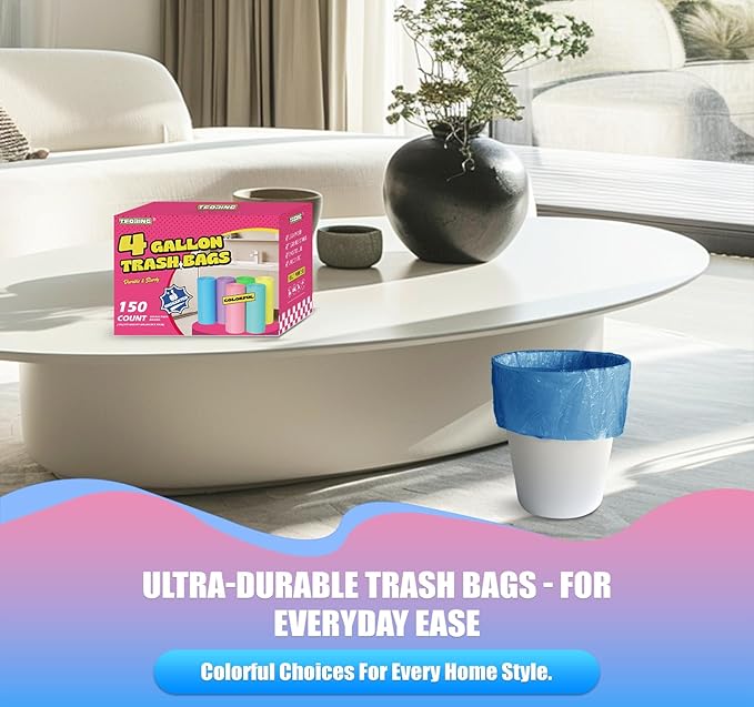 150 Count 4 Gallon Small Trash Bags - Colored Bathroom Garbage Bags Unscented Leak-proof, 15 Liter Plastic Wastebasket Can Liners for Office Bedroom Toilet and Car
