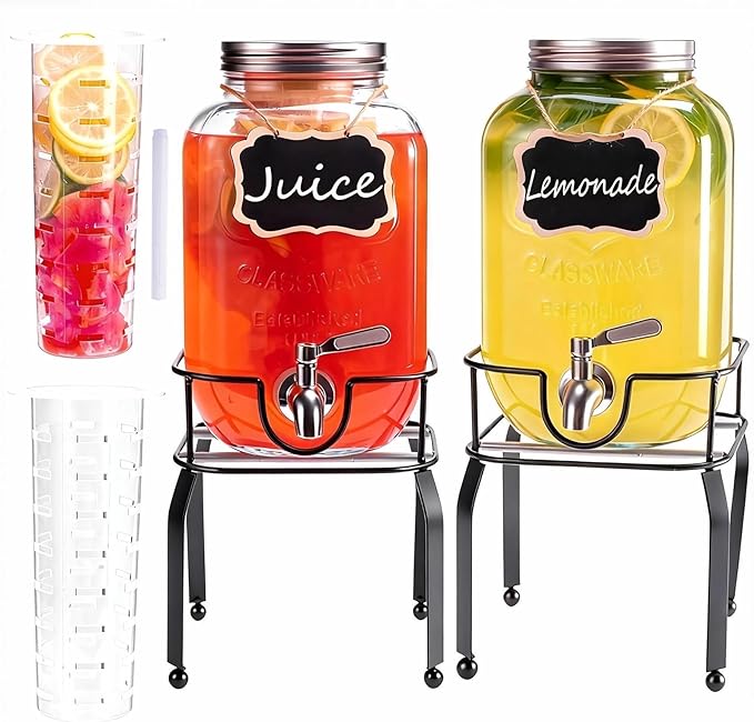 2 Pack1 Gallon Glass Drink Dispensers For Parties,Beverage Dispenser with Stand,304 Stainless Steel Spigot Leakproof,Lemon...