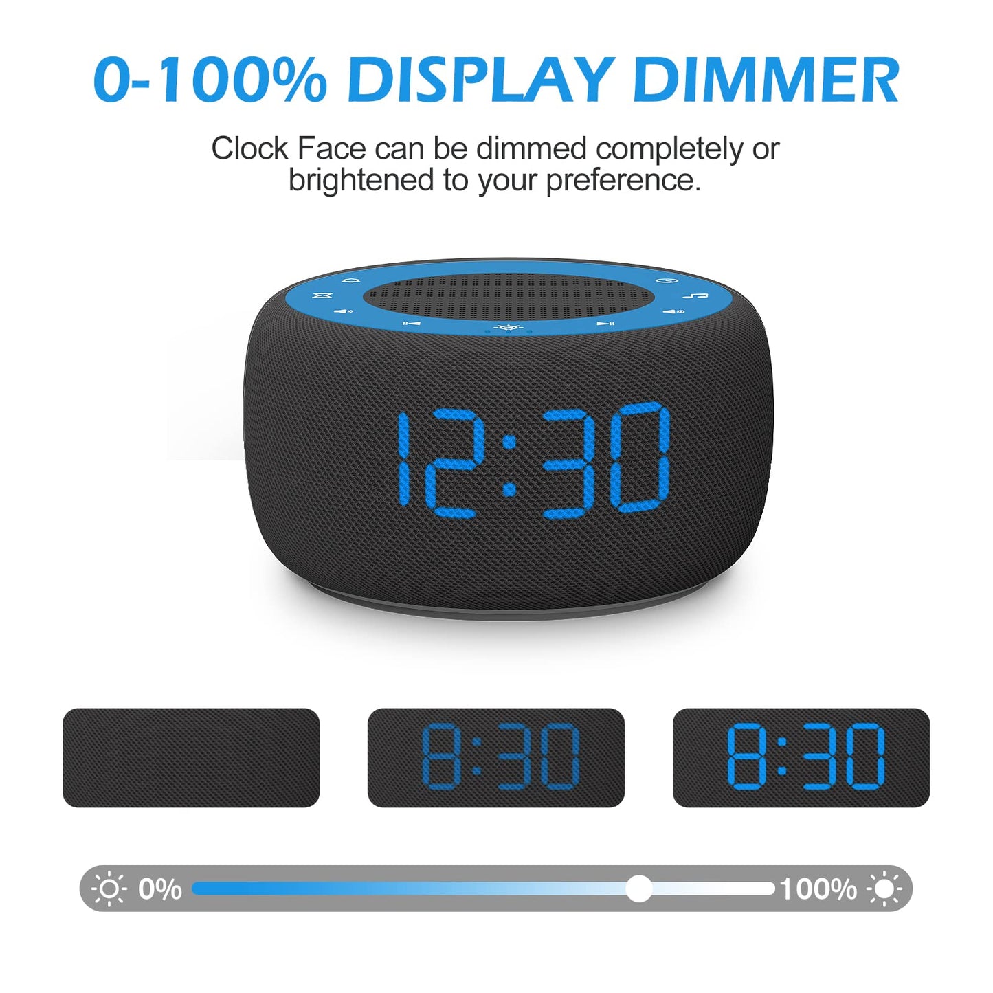 Buffbee Sound Machine & Alarm Clock 2-in-1, 0-100% Clock Face Brightness, Bottom Colored Light, Sleep Timer, Precise 30-Level Volume Control White Noise Machines