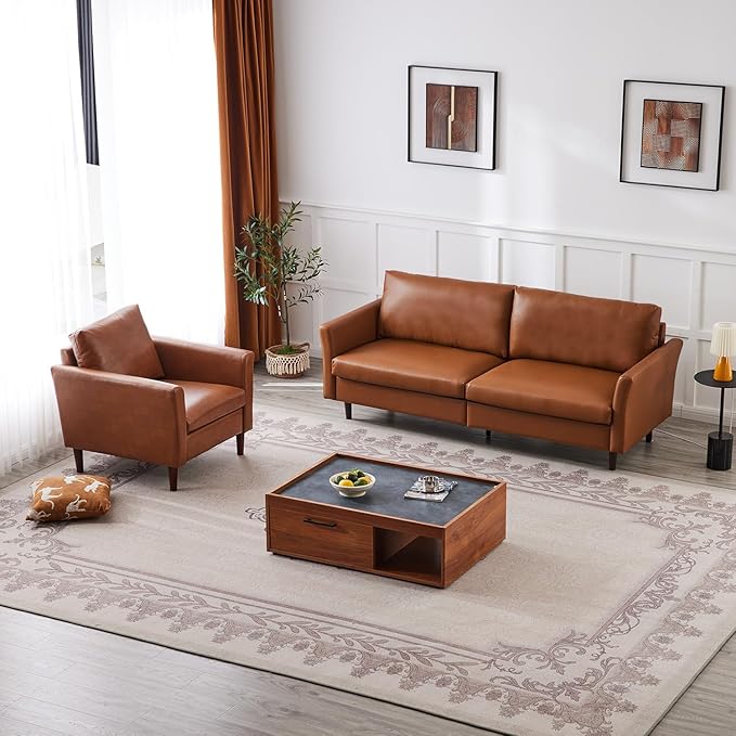Kingfun Living Room Furniture Sets, 3 Seater Sofa and Armcahir, Mid Century Modern Sofa Set, Faux Leather Couch with Solid Wood Frame for Living Room & Bedroom, Chestnut