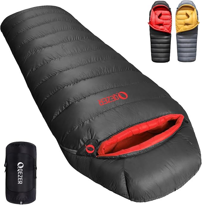 QEZER Down Sleeping Bag for Adults 620 Fill Power 0 Degree Sleeping Bag Cold Weather Ultralight with Pouch for Backpackin...