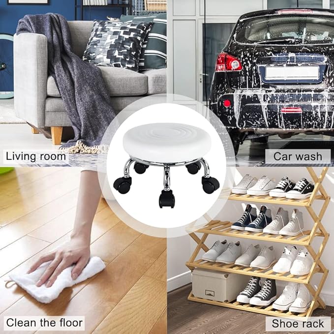 WKWKER Modern Roller Seat PU Leather Foot Stool Low Round Rolling Stool 360° Step Stool Swivel Small Seat with Universal Wheels for Home Office Garage Shop Fitness Sport H：8.4" （White）