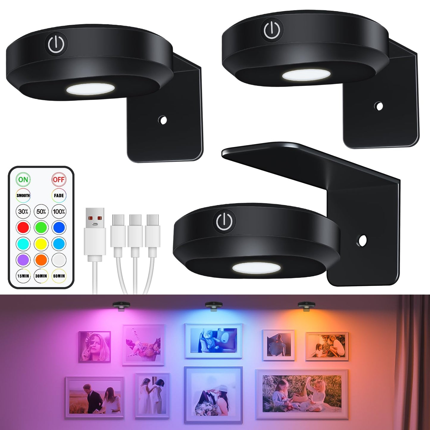 WILLED RGB Lights,Poster Lights,Battery Operated Rechargeable Picture Light,Puck Light with Remote,9 RGB Colors,Dimmable&Timer,Art Gallery Lighting,Display Lighting for Paintings Wireless
