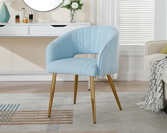 KCC Modern Velvet Desk Chair Accent Armchair Upholstered Tufted Chairs Dining Chairs, Tufted Vanity Chairs Side Chair with Gold Metal Legs for Dining Room Living Room Restaurant, 1 PC & Baby Blue