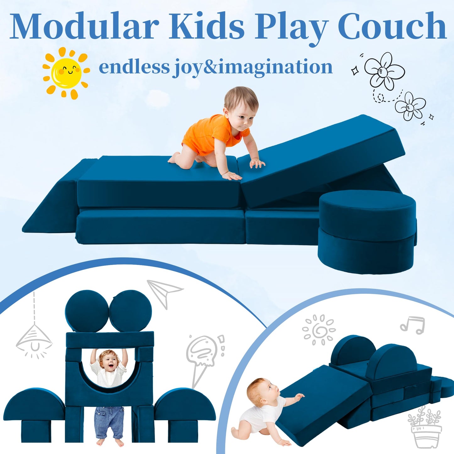 Edbuosy Toddler Couch Kids Sofa Modular - 18pcs Children Couches Building Fort, Convertible Foam Playing Cushion Creative Playroom Floor Furniture for Baby 1-3 to Teen Sofa and Play Set