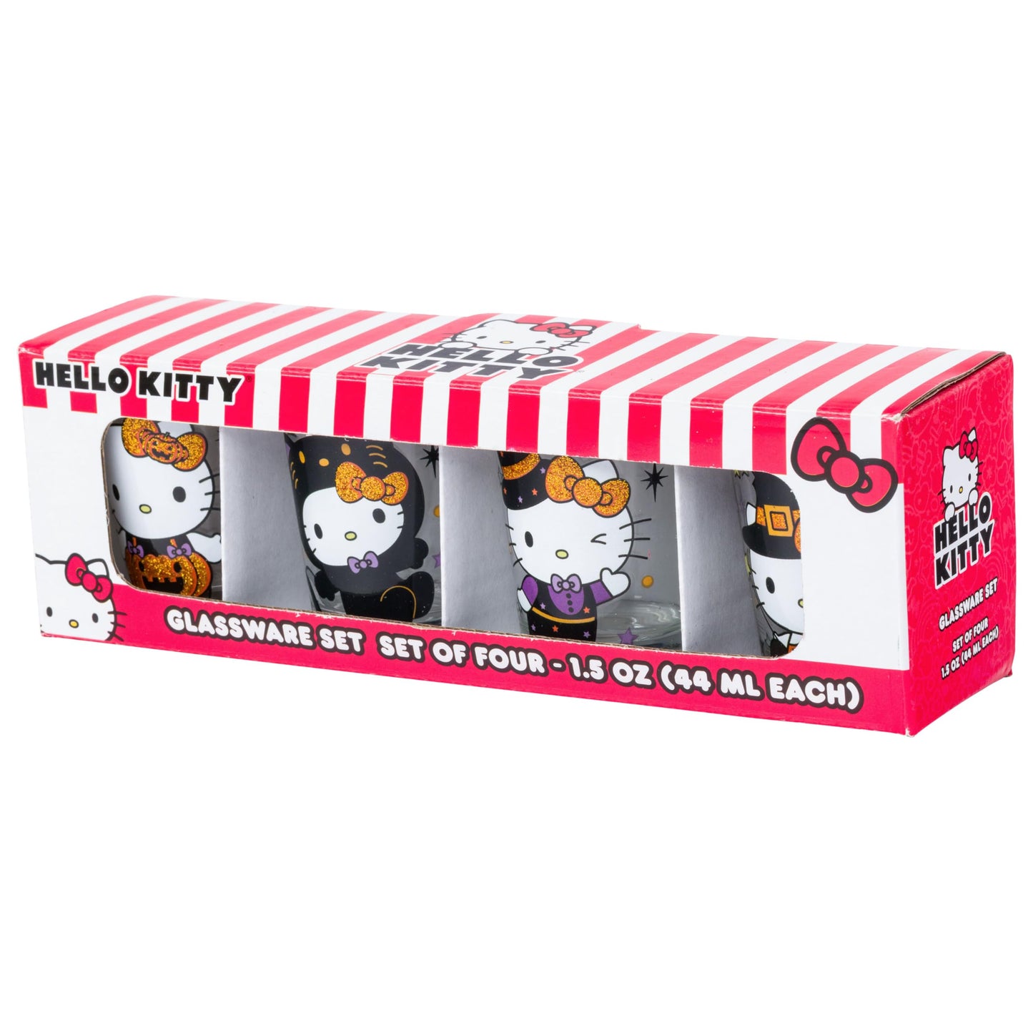 Silver Buffalo Sanrio Hello Kitty Halloween Spooky Costumes Glitter 4 Pack Mini Glass Set, 1.5 Ounces