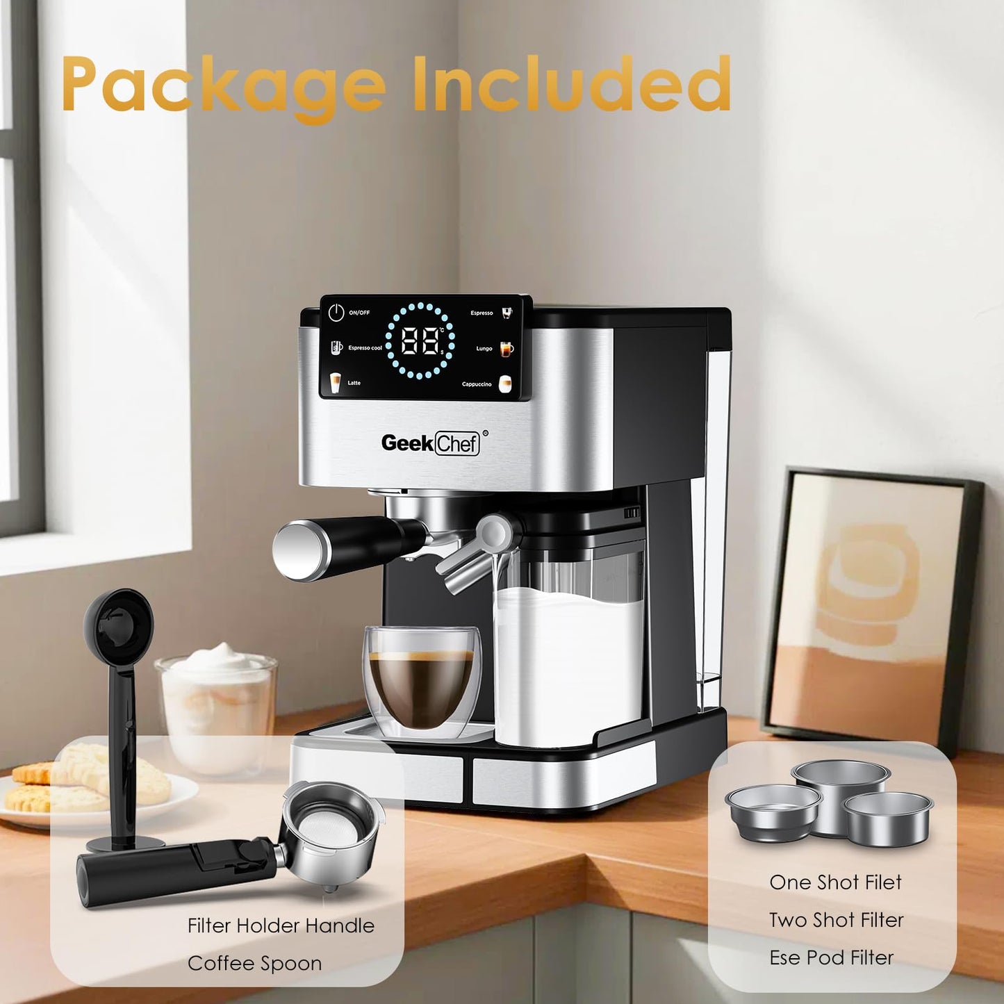 Geek Chef Espresso Machine with Milk Frother, 20 Bar Automatic Espresso Maker, Fast Heating Coffee Maker for Cappuccino, Latte & Iced Coffee, Easy to Use & Clean, for Home Barista