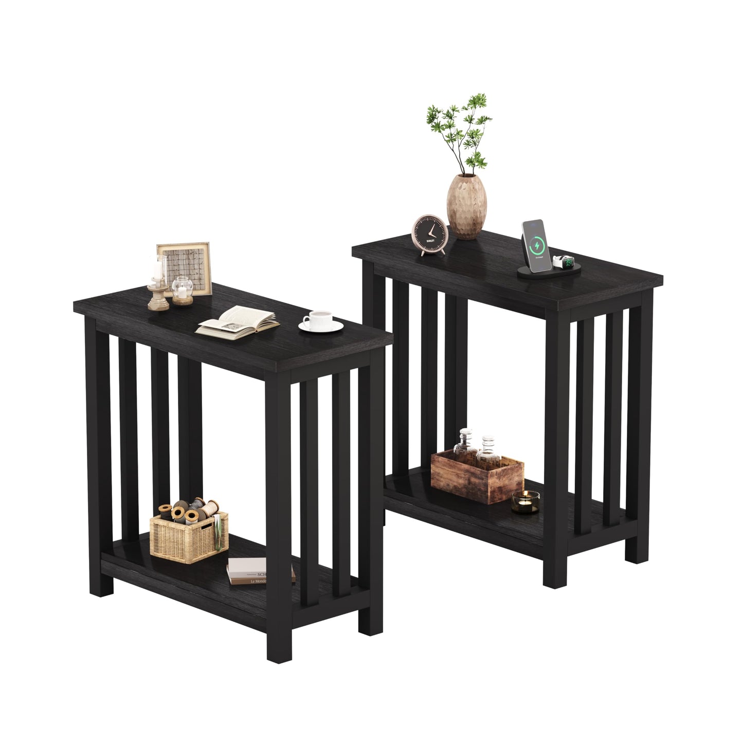 ChooChoo Mission End Tables Set of 2, Narrow Side Tables for Small Spaces, Night Stands with Storage Shelf for Living Room and Bedroom, Black