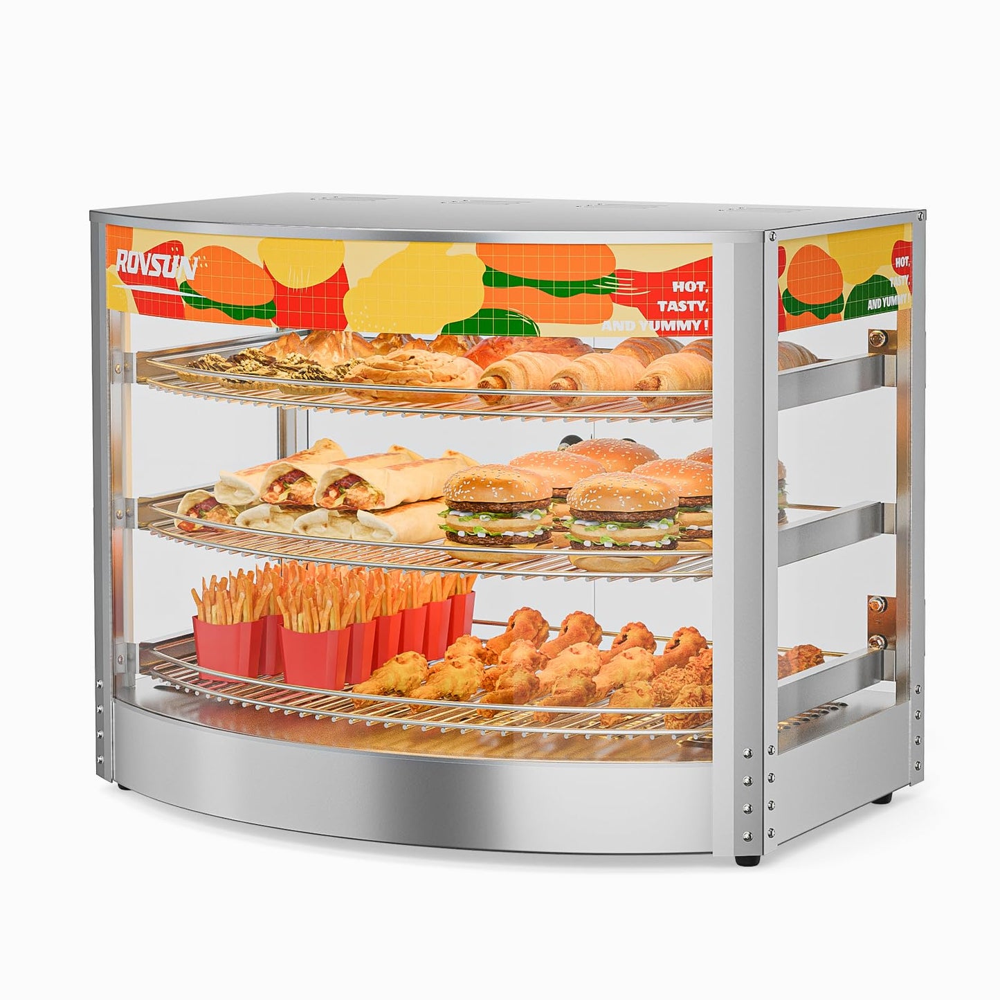 ROVSUN Food Warmer Pizza Warmer Countertop, 3-Tier Commerical Food Warmer Display with LED Lighting Removable Shelves Glass Door, Pretzel Warmer for Buffet Restaurant Cafe, 110V 800W