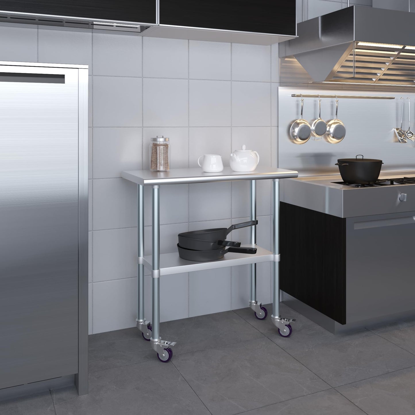 AmGood 18 in. x 36 in. Stainless Steel Work Table with Wheels | Metal Kitchen Food Prep Table | NSF