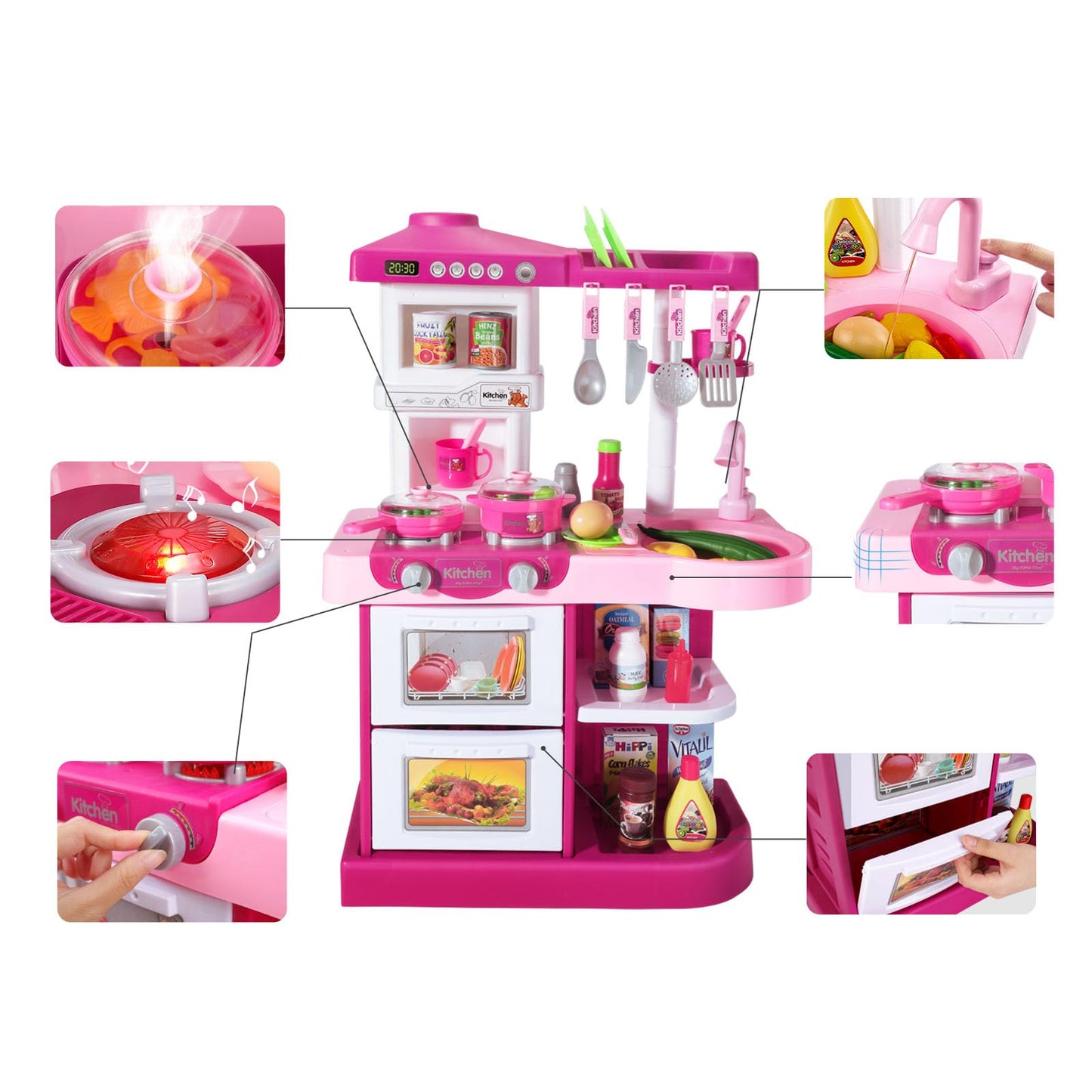 TEMI Play Kitchen Playset Pretend Food - 53 Pieces Pink Kitchen Toys for Toddlers, Toy Accessories Toddler Set with Sound and Light, Toddler Outdoor Playset for Kids, Girls and Boys