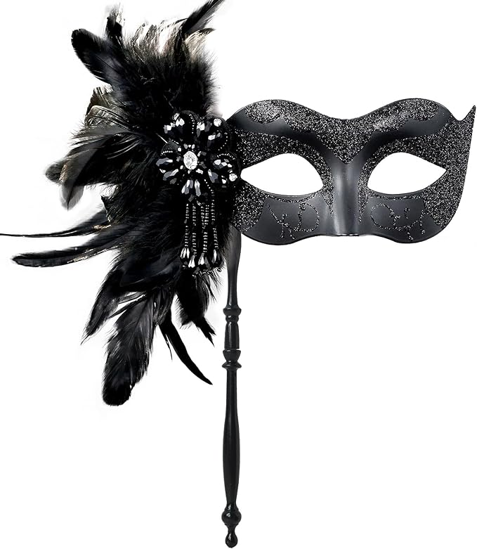 MYSEUNI 2025 New Masquerade Mask for Women with Stick - Shiny Women's Feather Mardi Gras Venetian Mask for Costume Accessory