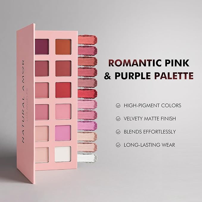 Natural Amor 12-Color Pink & Purple Eyeshadow Palette – Matte Finishes – Romantic Rose & Violet Tones in Eco-Friendly Packaging – High Pigment, Blendable, Buildable Formula (0.35 oz)