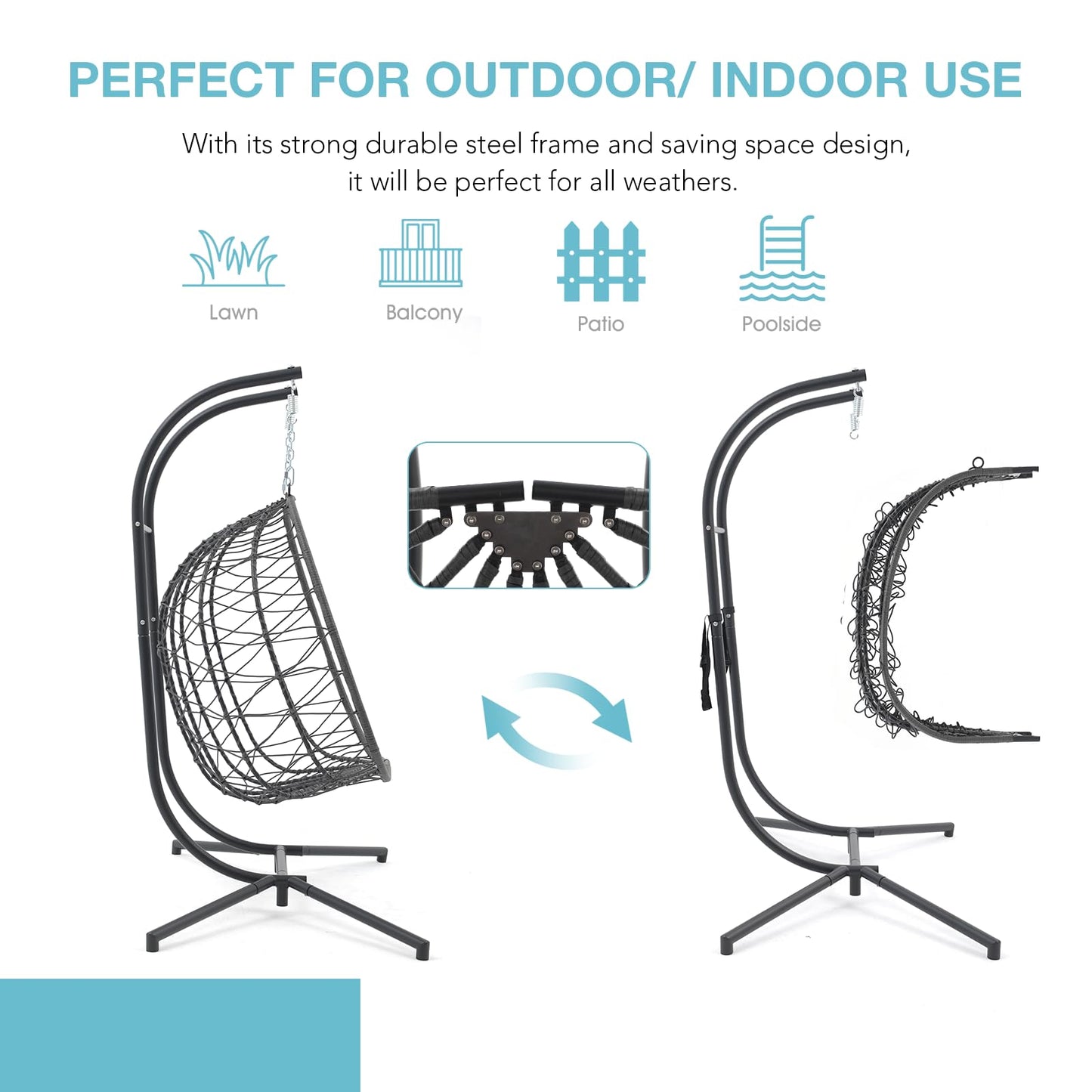 Patiorama 2 Person Double Egg Swing Chair with Stand Indoor Outdoor, Patio Wicker Rattan Hanging Egg Chair w/Cushion, Pillow, Foldable Hammock Chair 550lbs for Bedroom, Balcony, Garden (Light Grey)