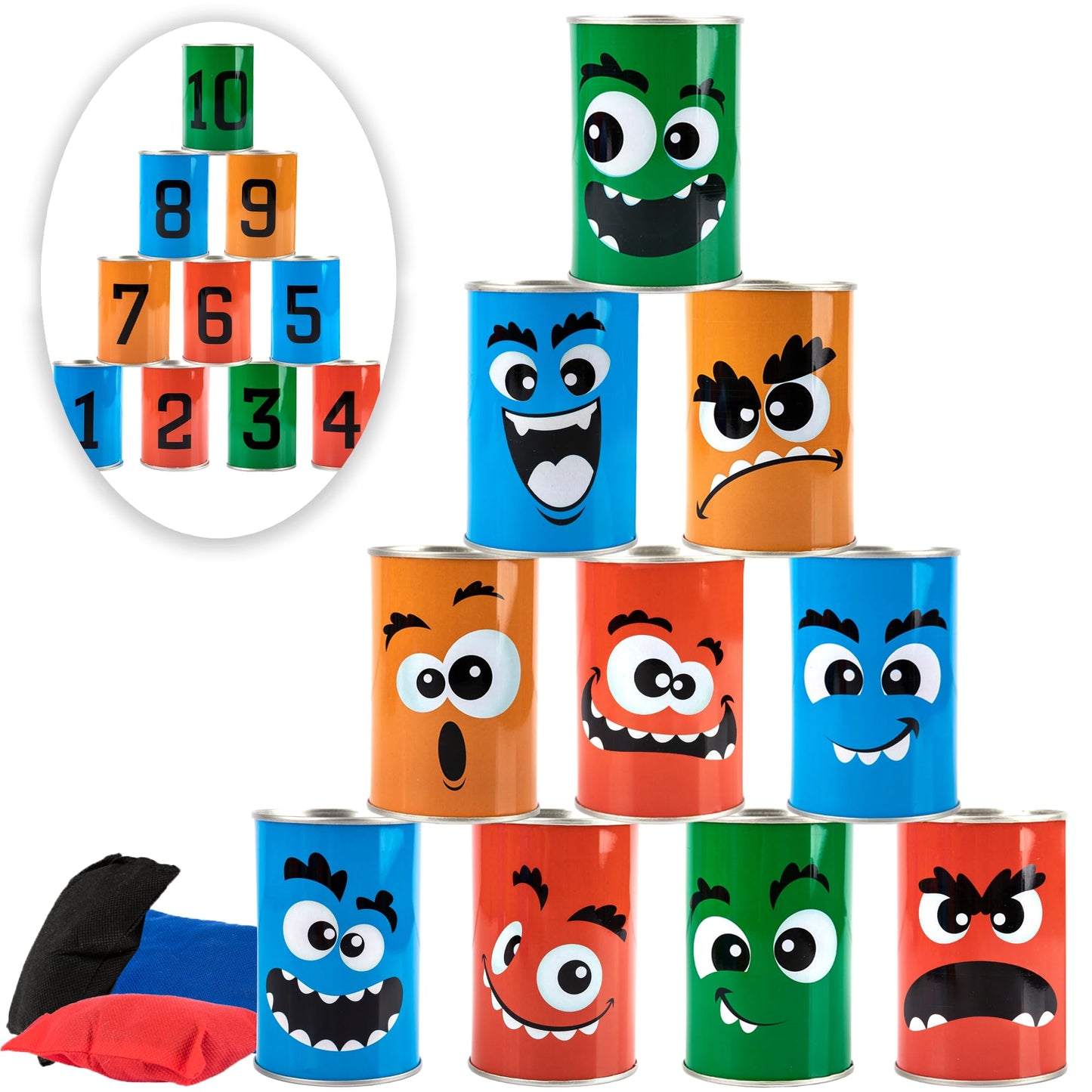 ArtCreativity Halloween Carnival Bean Bag Toss Game - Halloween Party Game with 10 Tin Cans and 3 Bean Bags - Indoor and Outdoor Party Activity for Kids - Tossing Game for Kids 3 and Up