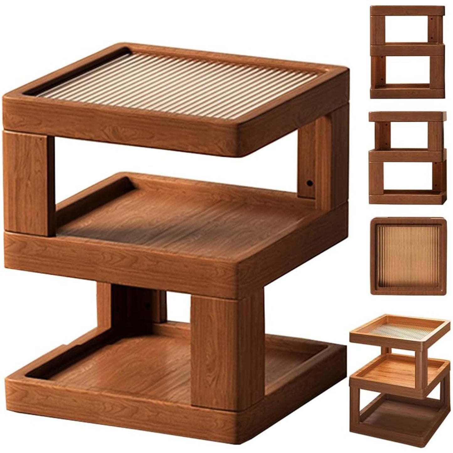 Nightstand 3-Tier Storage, End Side Table with Tempered Glass Desktop, Modern Solid Wood Bedside Table for Bedroom, Walnut