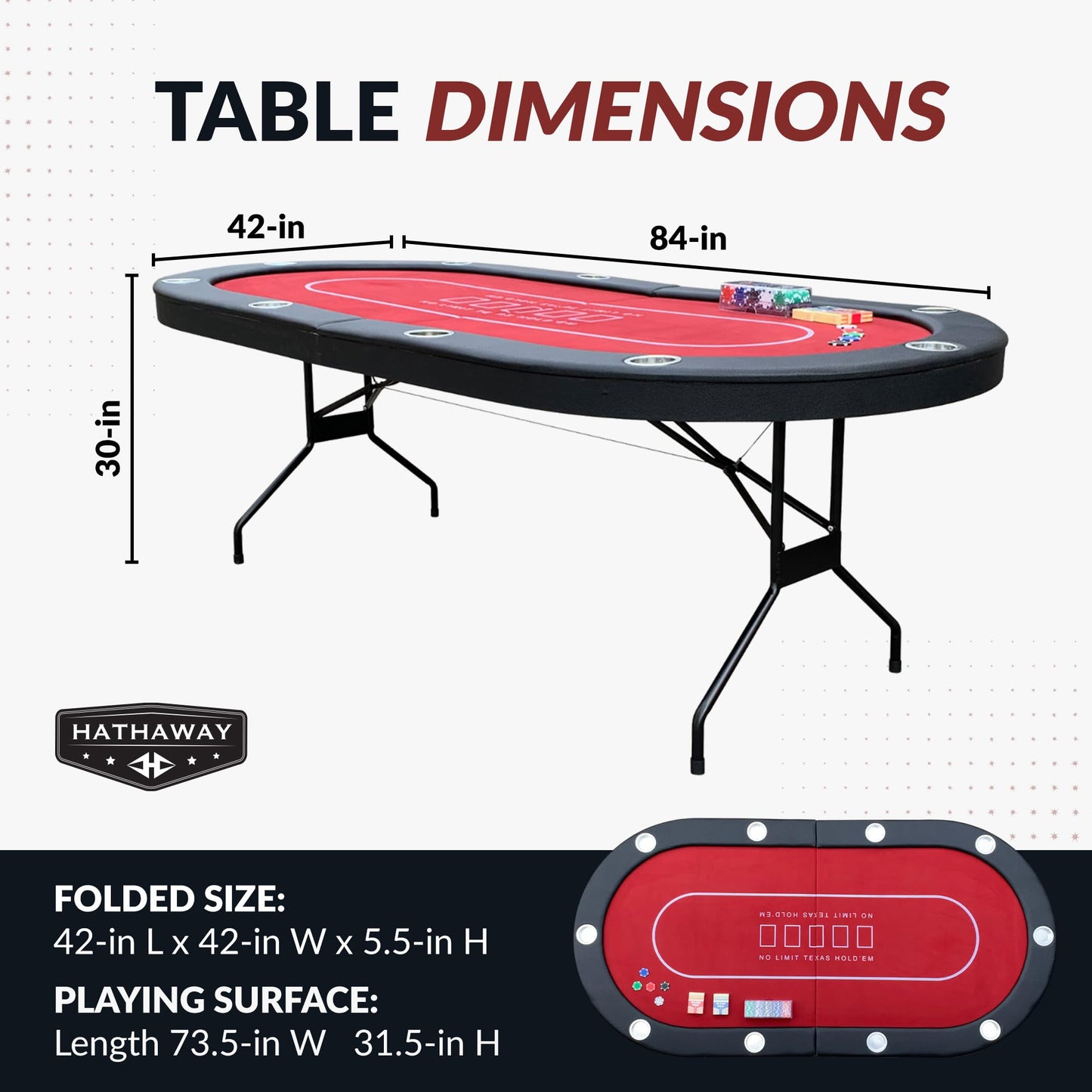 Hathaway Fourth Street Folding Texas Holdem Table – 10-Player Quick Folding Poker Table with Burgundy Felt Padded Surface – Includes Playing Cards, Clay Chip Set & Carrying Bag – Red