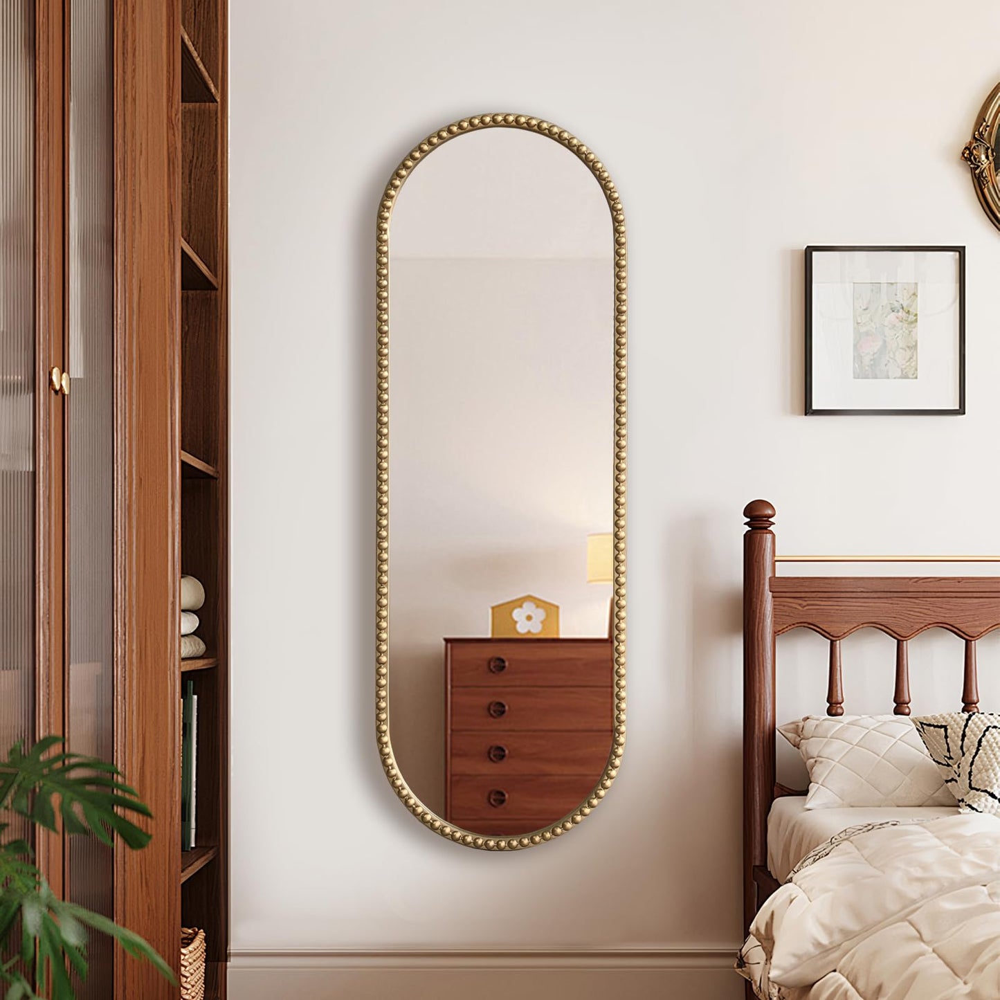 ietat Antique Gold Full Length Mirror Oval Full Body Wall Mirror Baroque Beaded Mirrors Gold Metal Framed Decorative Wall Mirror for Bedroom Entryway 47"X16"