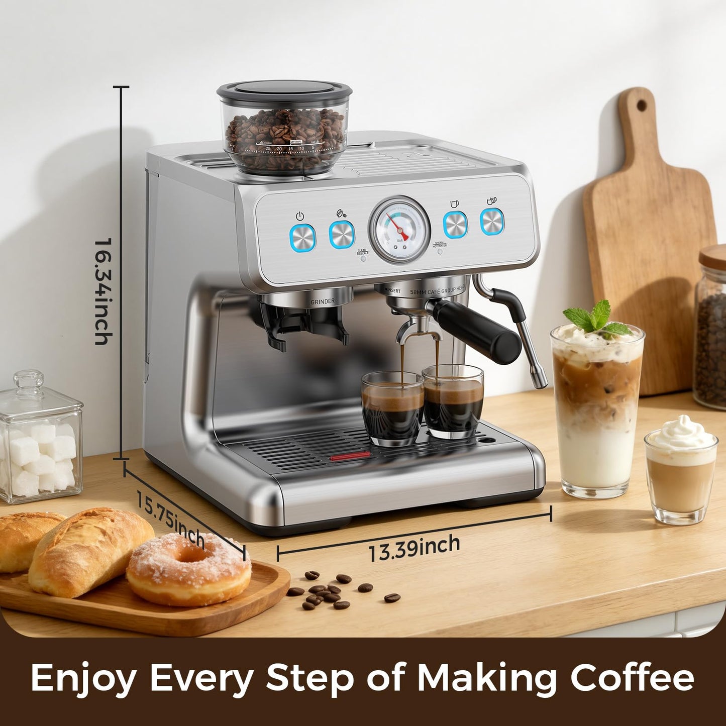Espresso Machine with Grinder, 20 Bar Expresso Coffee Machines, Professional Coffee Maker for Latte & Cappuccino with Milk Frother, Expresso Machines for Home, Removable Water Tank, Steam Wand-Silver