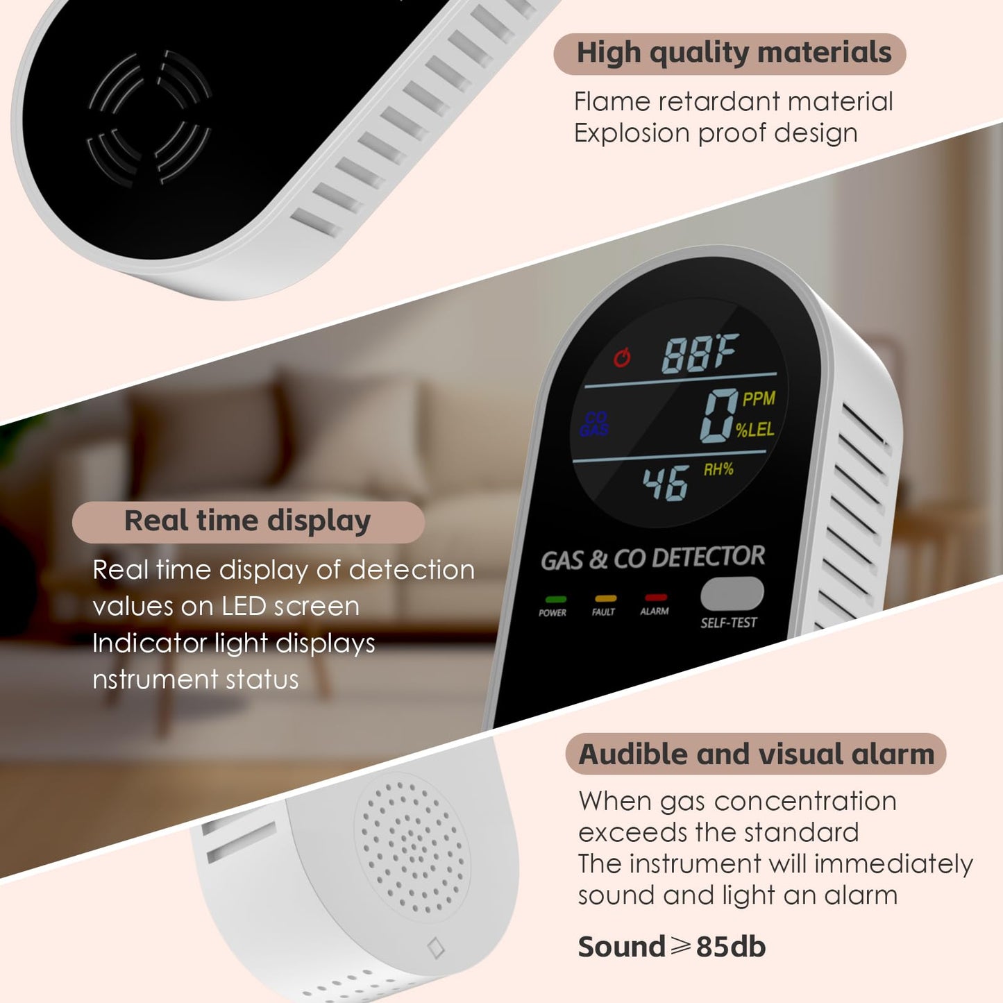 Natural Gas Detectors &Plug in Carbon Monoxide Detector， 4 in 1 Co and Gas Detector Temp Humidity Monitor，Propane, LPG, Gas Detector for Home，Kitchen,Hotels，RV.（1 Pack）