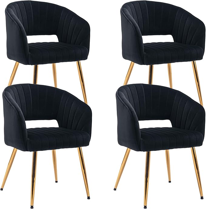 KCC Modern Accent Dining Chairs Set of 4, Upholstered Velvet Dining Room Chairs with Hollow Back, Tufted Kitchen Chairs Side Chairs with Gold Metal Legs for Living Room Restaurant, Black