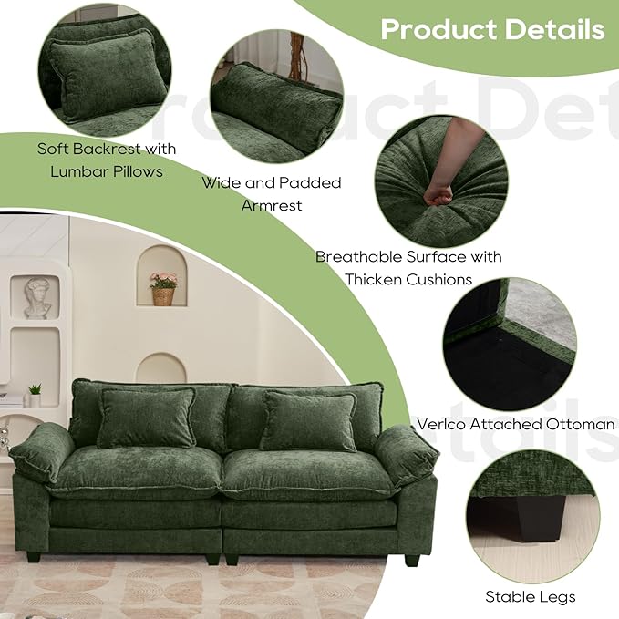Oprisen 86" Modular Sectional Sofa, Comfy Cloud Couch Sectional Sofa, Chenille Sofa Sleeper Deep Seat Sofa with Throw Pillows for Living Room (Green, 86"- Loveseat)