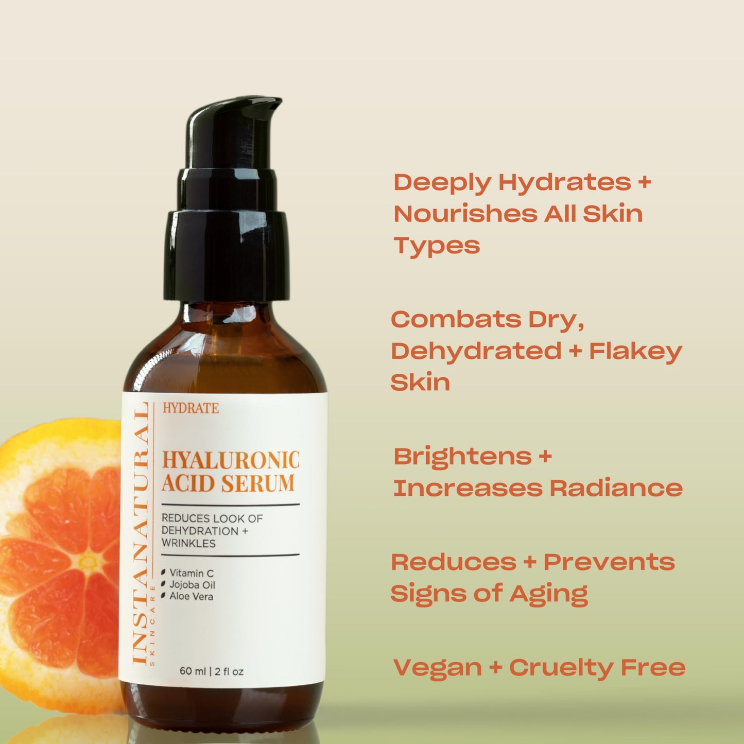 InstaNatural Hyaluronic Acid Serum for Face, Brightens, Hydrates, Reduces the Look of Fine Lines and Wrinkles, with Vitamin C, J