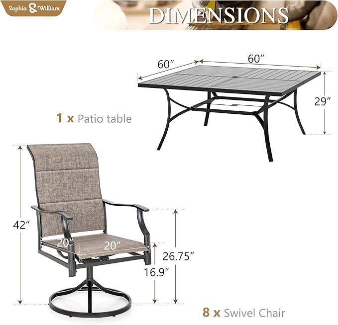 Sophia & William 9 Piece Outdoor Patio Dining Set, Patio Furniture Set with 8 Swivel High Back Patio Dining Chairs and Square Metal Table, All Weather Textilene Fabric for Backyard, Poolside, Balcony