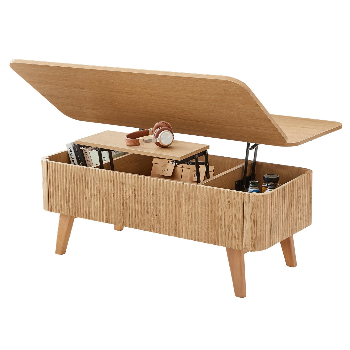 3 in 1 Lift Top Coffee Table, Fluted Convertible Coffee Tables Converts to Dining Tables, Modern Oval Wooden Center Table with Storage for Living Room Office Small Space, Partial Assembly (Natural)
