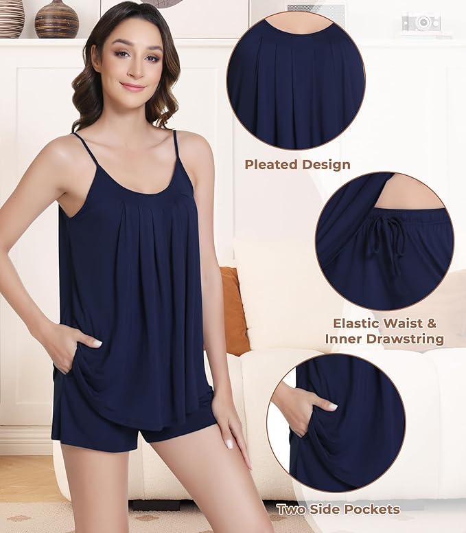 NACHILA Pajamas for Women-Viscose from Bamboo, Ribbed Racerback Tank Top Sexy Split Shorts Pajama Sets Cooling Sleep Cami Pjs