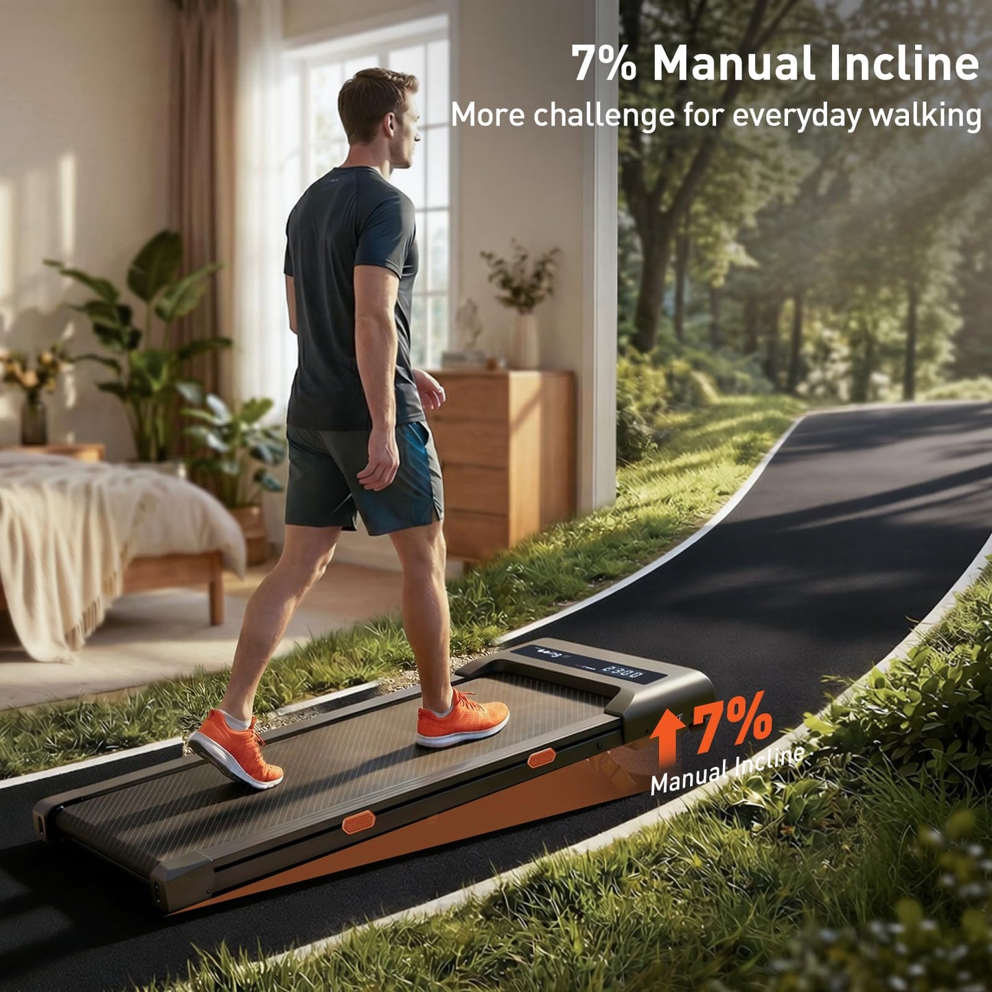 Cybergoing T10 Walking Pad Treadmill with Bosch® Motor, Under Desk Treadmill, Fixed 7% Manual Incline, Up to 4 MPH, 2.5HP, 300lb Capacity, App + Remote, 15"x36" Belt, Treadmills for Home