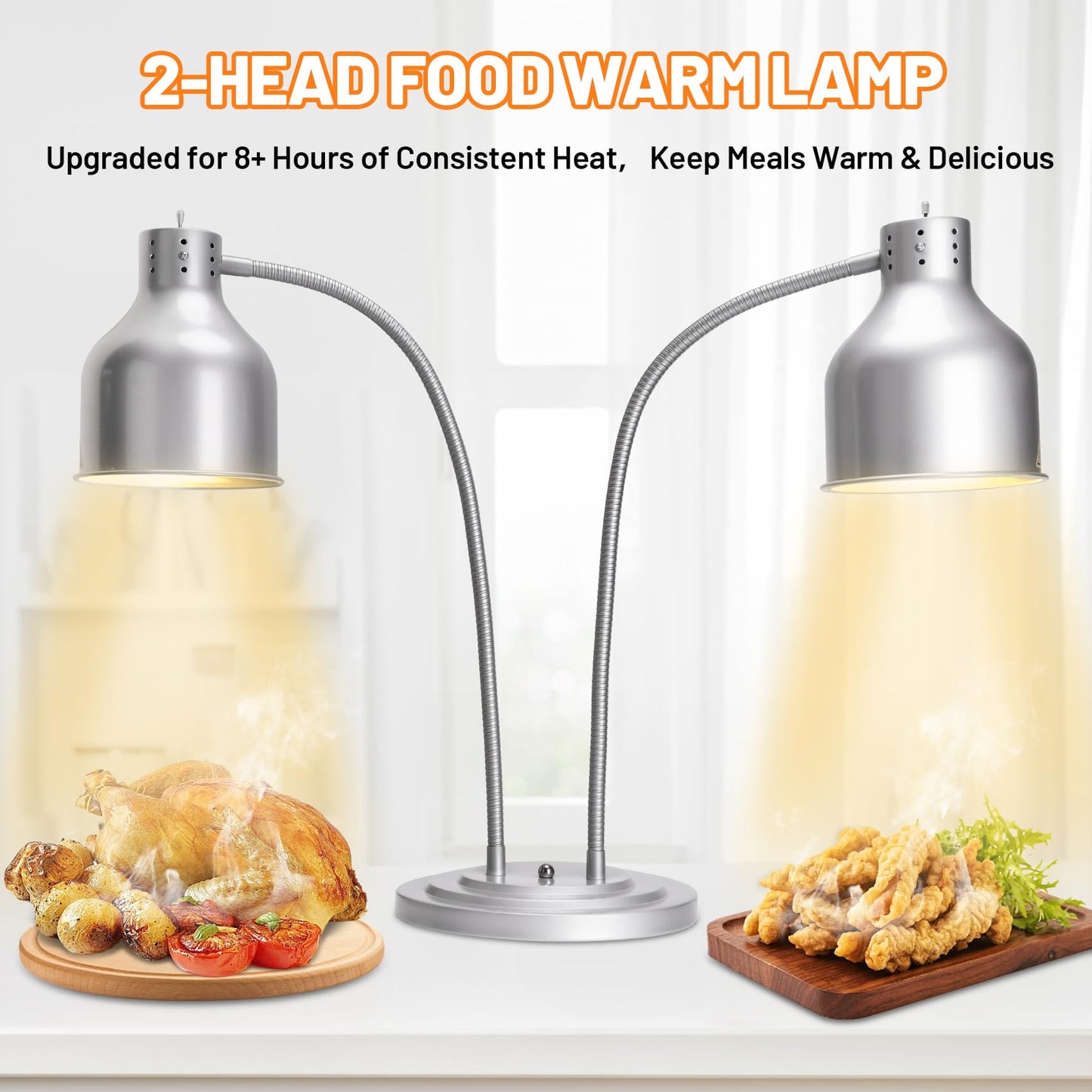 Food Heat Lamp, Commercial 500W Infrared Dual-Head Table Food Warmer Lamp, with 360° Adjustable, Suitable for Buffet Tables, Restaurant Kitchens and Catering Services